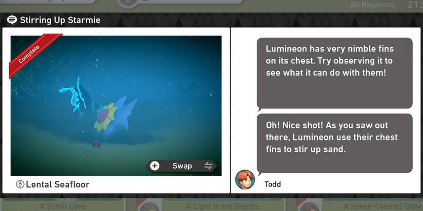 The Stirring Up Starmie request in the Lental Seafloor Undersea course in New Pokemon Snap