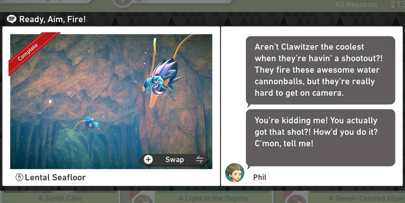 The Ready, Aim, Fire! request in the Lental Seafloor Undersea course in New Pokemon Snap