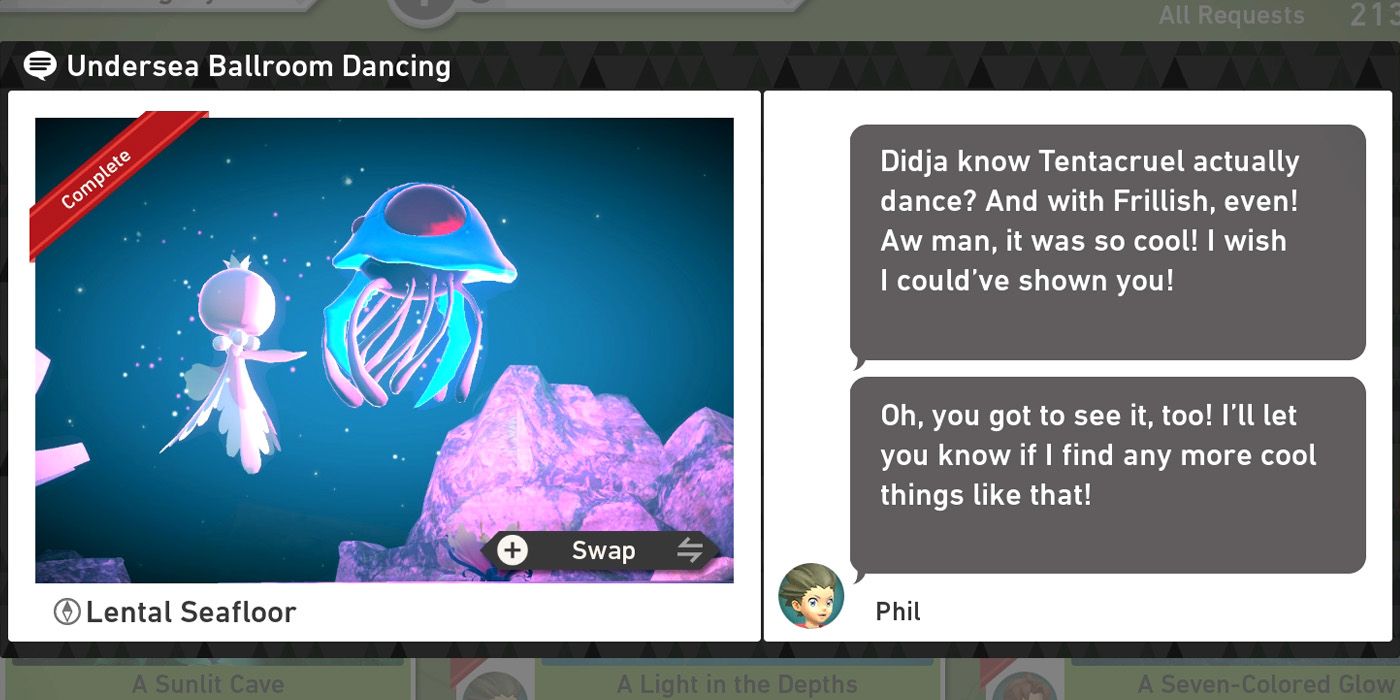 The Undersea Ballroom Dancing request in the Lental Seafloor Undersea course in New Pokemon Snap