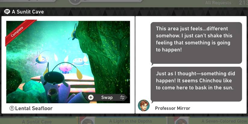 The A Sunlit Cave request in the Lental Seafloor Undersea course in New Pokemon Snap