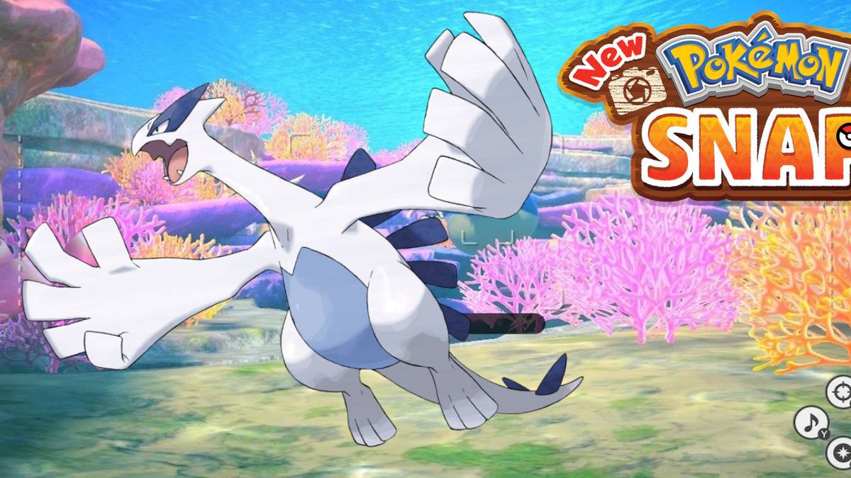 new pokemon snap lugia lental seafloor with game logo