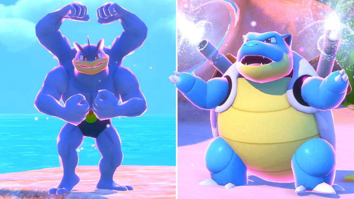 Machamp and Blastoise in the Blushing Beach (Day) course in New Pokemon Snap