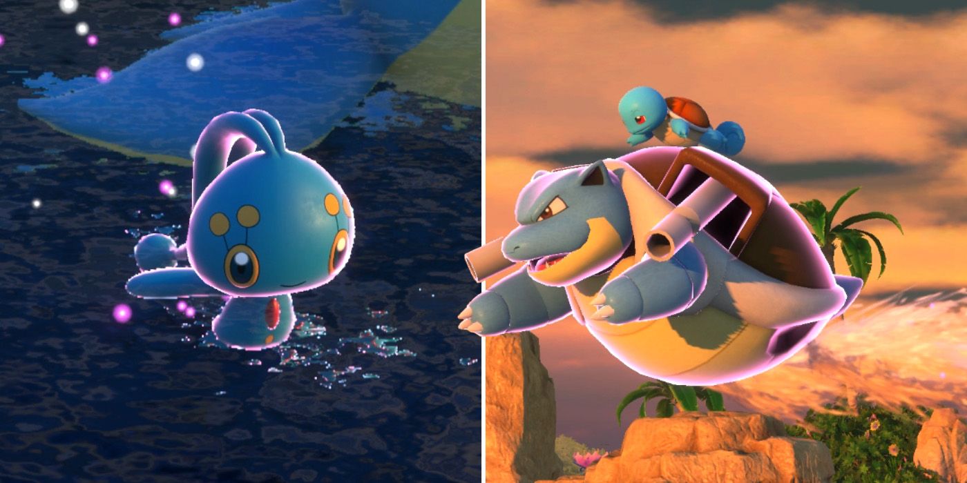 Manaphy and Squirtle riding on a Blastoise in the Maricopia Reef (Evening) course in New Pokemon Snap