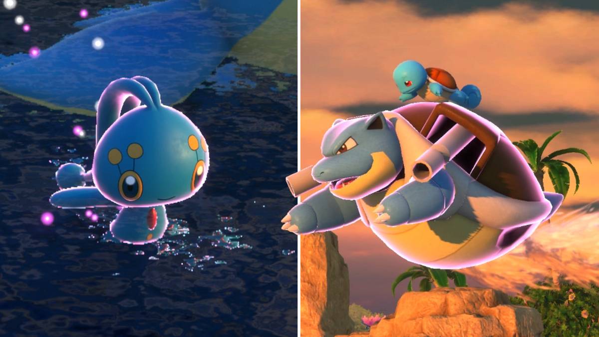 Manaphy and Squirtle riding on a Blastoise in the Maricopia Reef (Evening) course in New Pokemon Snap