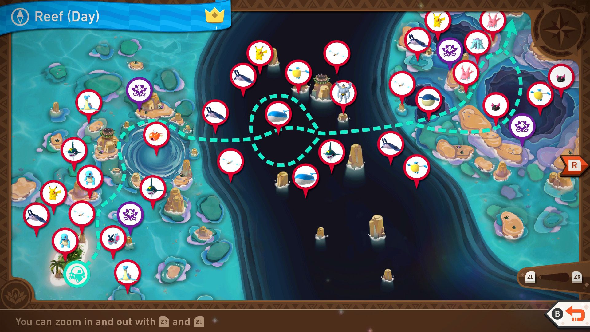 A complete map of the Maricopia Reef (Day) course in New Pokemon Snap