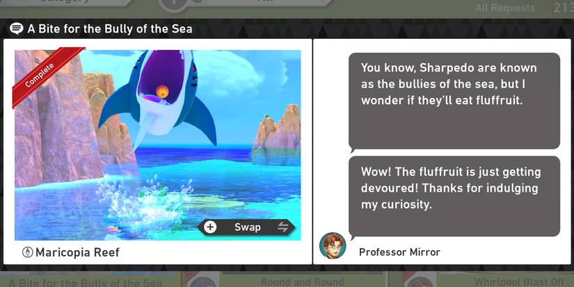 The A Bite for the Bully request in the Maricopia Reef (Day) course in New Pokemon Snap