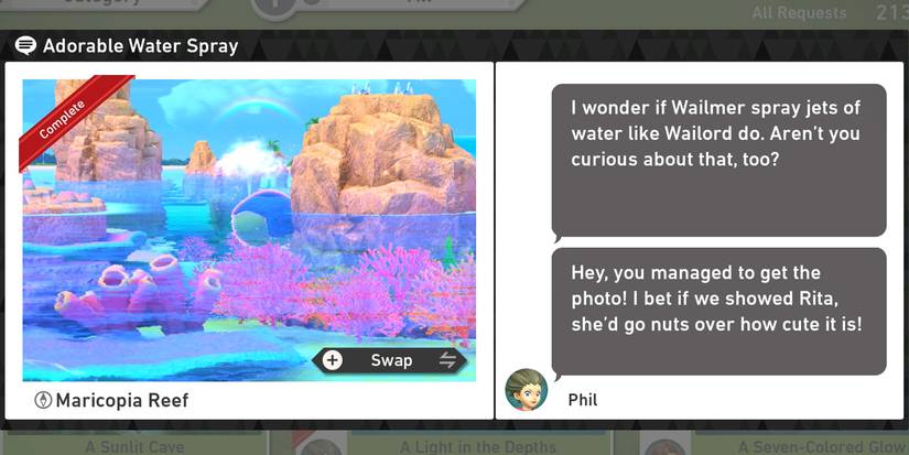 The Adorable Water Spray request in the Maricopia Reef (Day) course in New Pokemon Snap