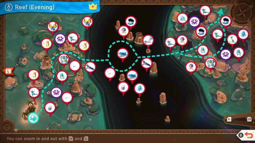 A complete map of the Maricopia Reef (Evening) course in New Pokemon Snap