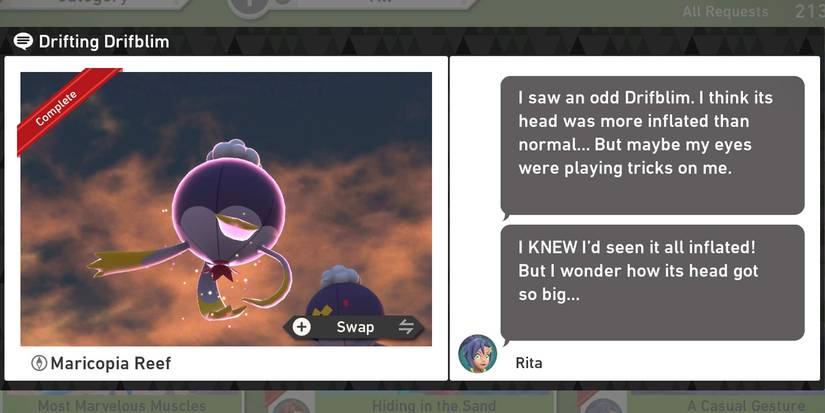 The Drifting Drifblim request in the Maricopia Reef (Evening) course in New Pokemon Snap