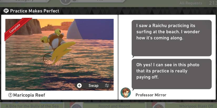 The Practice Makes Perfect request in the Maricopia Reef (Evening) course in New Pokemon Snap