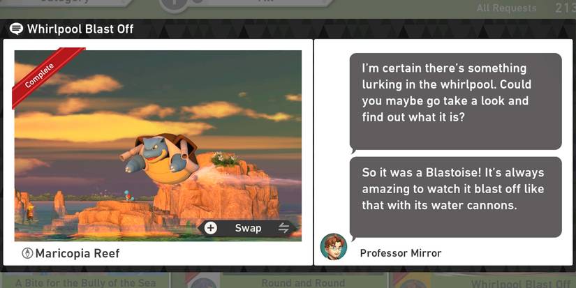 The Whirlpool Blast Off request in the Maricopia Reef (Evening) course in New Pokemon Snap