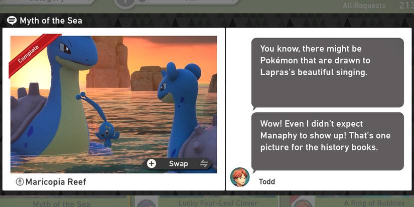 The Myth of the Sea request in the Maricopia Reef (Evening) course in New Pokemon Snap