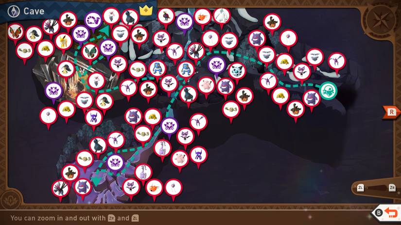 A complete map of the Outaway Cave course in New Pokemon Snap