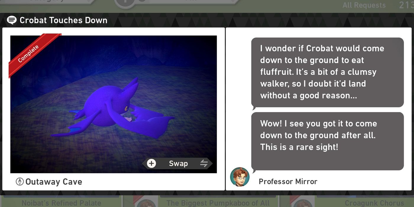 The Crobat Touches Down request in the Outaway Cave course in New Pokemon Snap