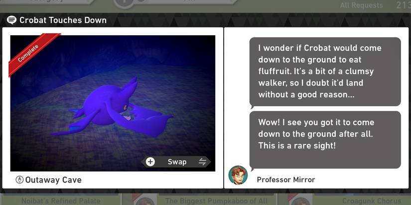The Crobat Touches Down request in the Outaway Cave course in New Pokemon Snap