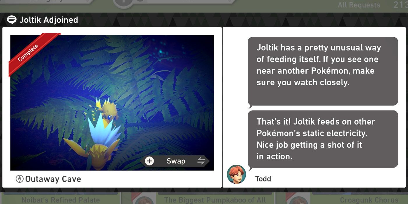 The Joltik Adjoined request in the Outaway Cave course in New Pokemon Snap