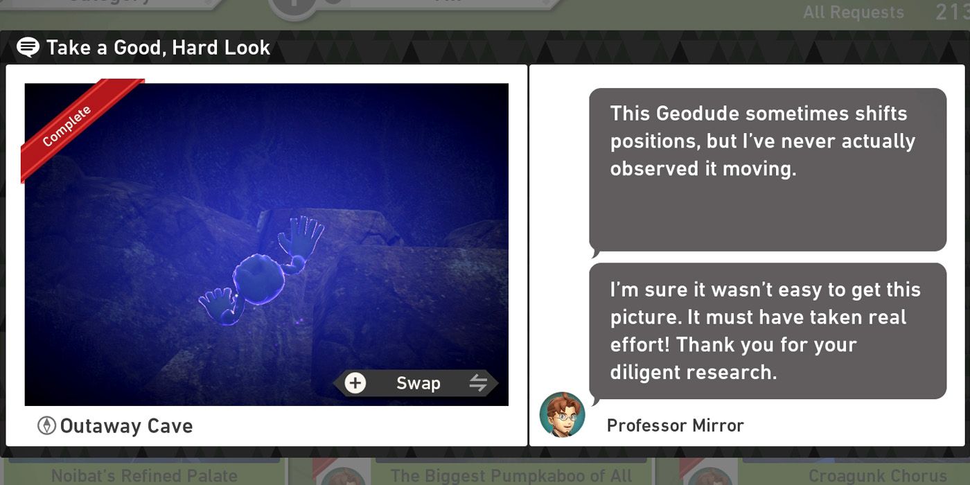 The Take a Good, Hard Look request in the Outaway Cave course in New Pokemon Snap