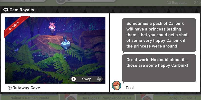 The Gem Royalty request in the Outaway Cave course in New Pokemon Snap
