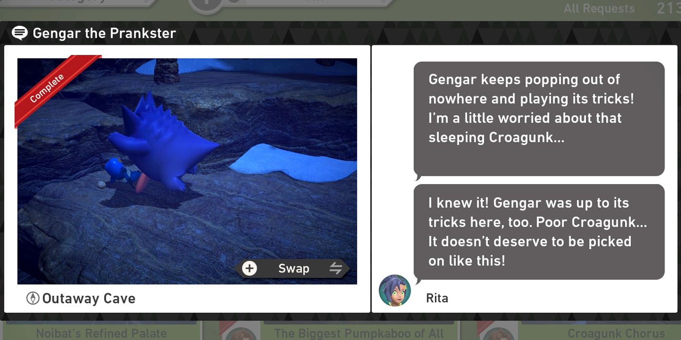 The Gengar the Prankster request in the Outaway Cave course in New Pokemon Snap