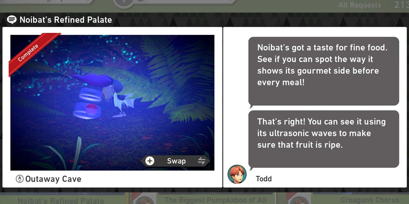 The Noibat's Refined Palate request in the Outaway Cave course in New Pokemon Snap