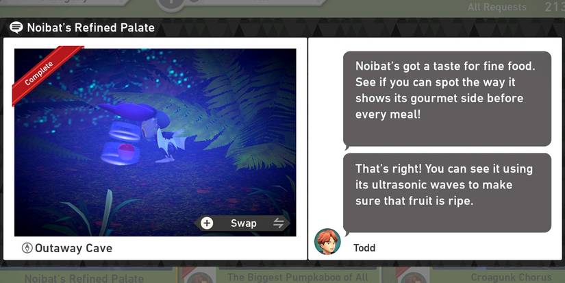 The Noibat's Refined Palate request in the Outaway Cave course in New Pokemon Snap