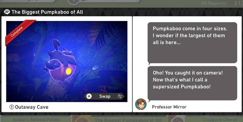 The Biggest Pumpkaboo request in the Outaway Cave course in New Pokemon Snap