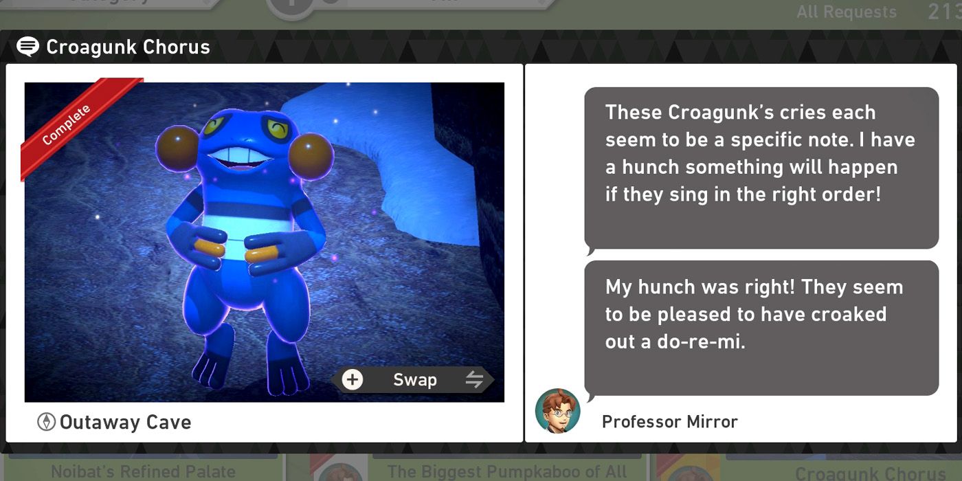 The Croagunk Chorus request in the Outaway Cave course in New Pokemon Snap
