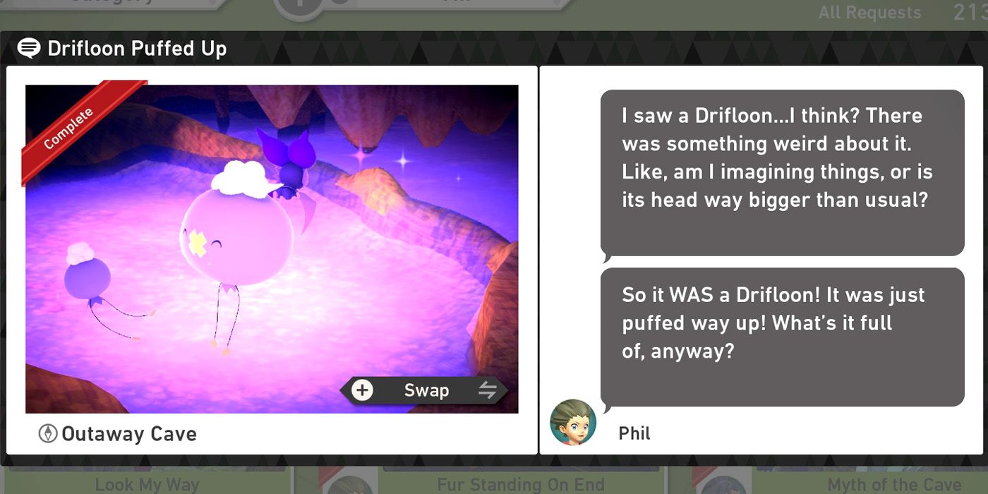 The Drifloon Puffed Up request in the Outaway Cave course in New Pokemon Snap