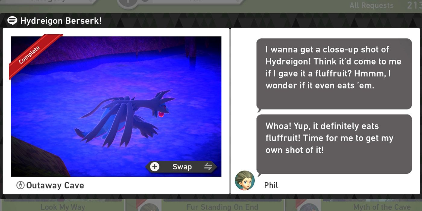 The Hydreigon Berserk! request in the Outaway Cave course in New Pokemon Snap