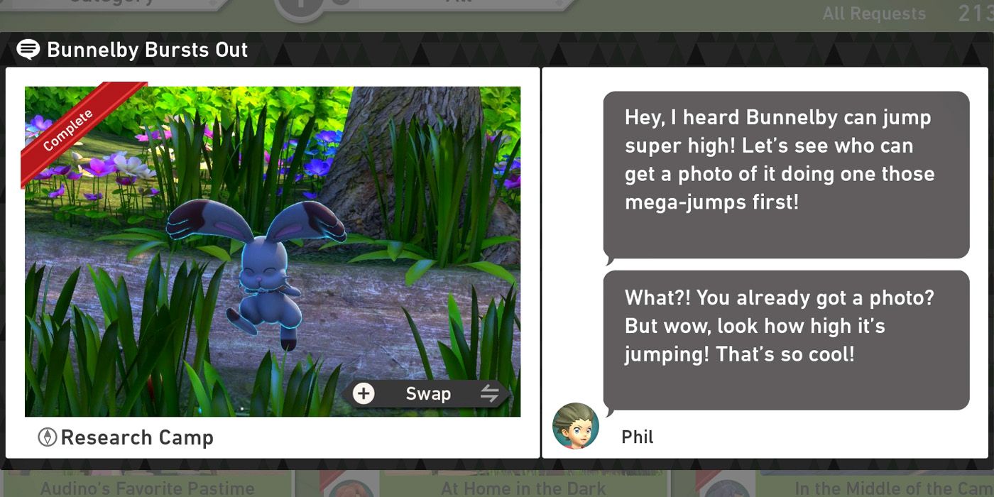 The Bunnelby Bursts Out request in the Research Camp course in New Pokemon Snap