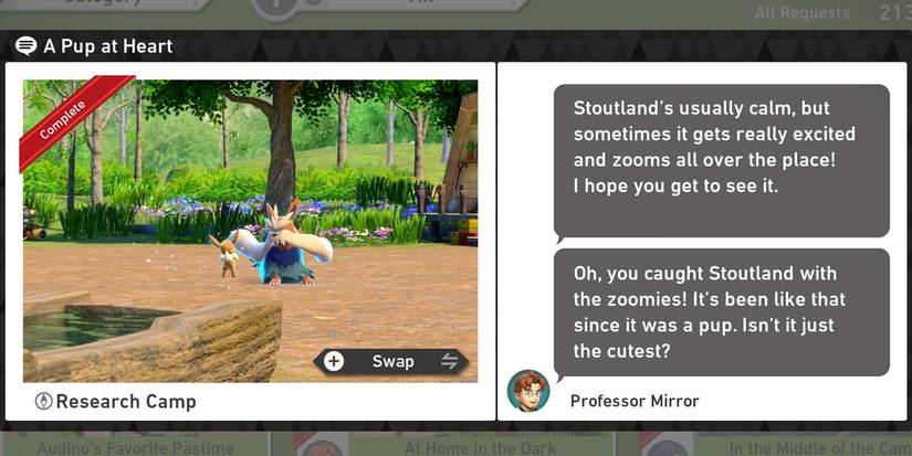 The A Pup at Heart request in the Research Camp course in New Pokemon Snap