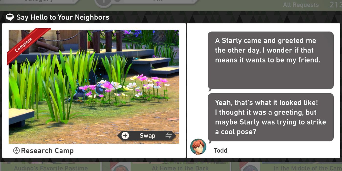 The Say Hello To Your Nieghbors request in the Research Camp course in New Pokemon Snap