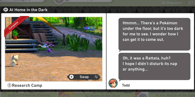 The At Home in the Dark request in the Research Camp course in New Pokemon Snap