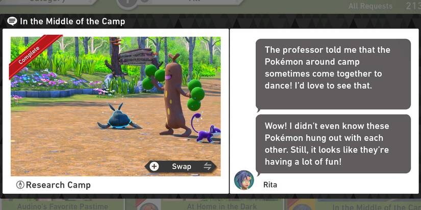 The In the Middle of the Camp request in the Research Camp course in New Pokemon Snap
