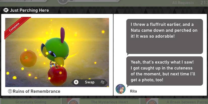 The Just Perching Here request in the Ruins of Remembrance course in New Pokemon Snap