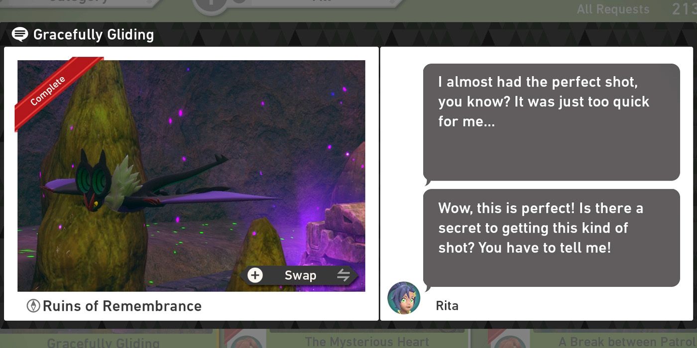 The Gracefully Gliding request in the Ruins of Remembrance course in New Pokemon Snap
