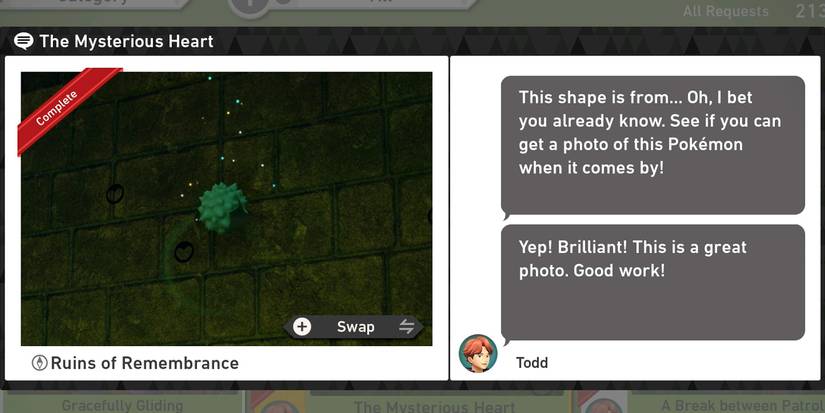 The Mysterious Heart request in the Ruins of Remembrance course in New Pokemon Snap