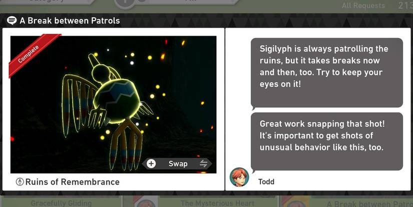 The A Break Between Patrols request in the Ruins of Remembrance course in New Pokemon Snap