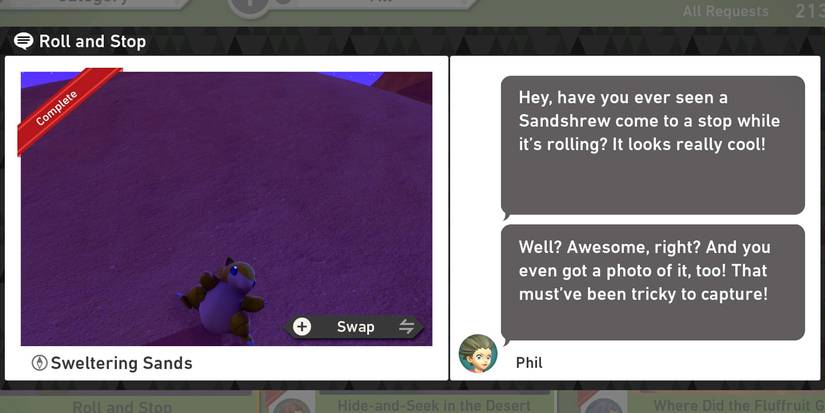 The Roll and Stop request in the Sweltering Sands (Night) course in New Pokemon Snap
