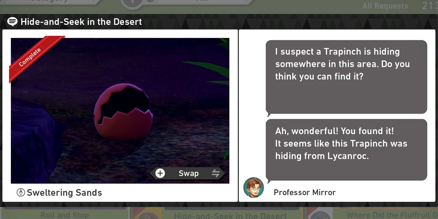 The Hide-and-Seek in the Desert request in the Sweltering Sands (Night) course in New Pokemon Snap