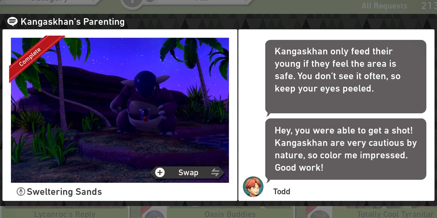 The Kangaskhan's Parenting request in the Sweltering Sands (Night) course in New Pokemon Snap