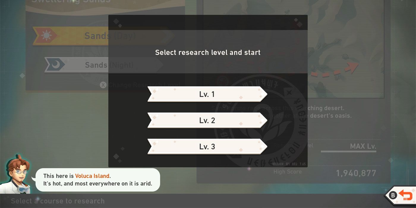 Selecting a course's research level in New Pokemon Snap