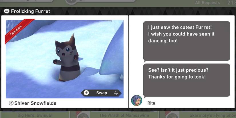 The Frolicking Furret request in the Shiver Snowfields (Day) course in New Pokemon Snap