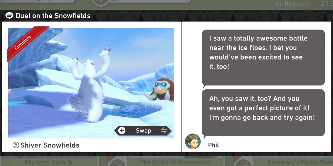 Запрос Duel on the Snowfields в курсе Shiver Snowfields (Day) в New Pokemon Snap