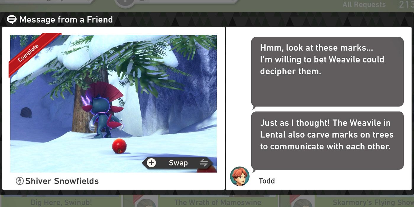 The Message from a Friend request in the Shiver Snowfields (Day) course in New Pokemon Snap