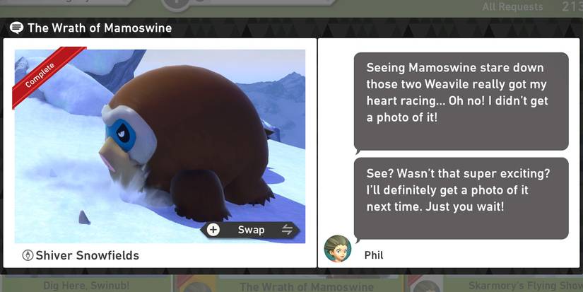 The Wrath of Mamoswine request in the Shiver Snowfields (Day) course in New Pokemon Snap