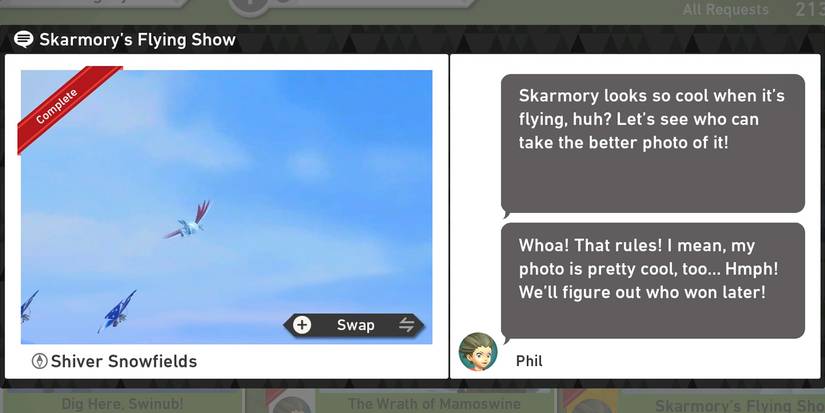 The Skarmory's Flying Show request in the Shiver Snowfields (Day) course in New Pokemon Snap