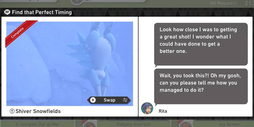 The Find That Perfect Timing request in the Shiver Snowfields (Day) course in New Pokemon Snap