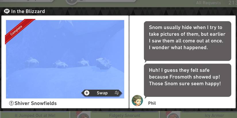The In the Blizzard request in the Shiver Snowfields (Day) course in New Pokemon Snap