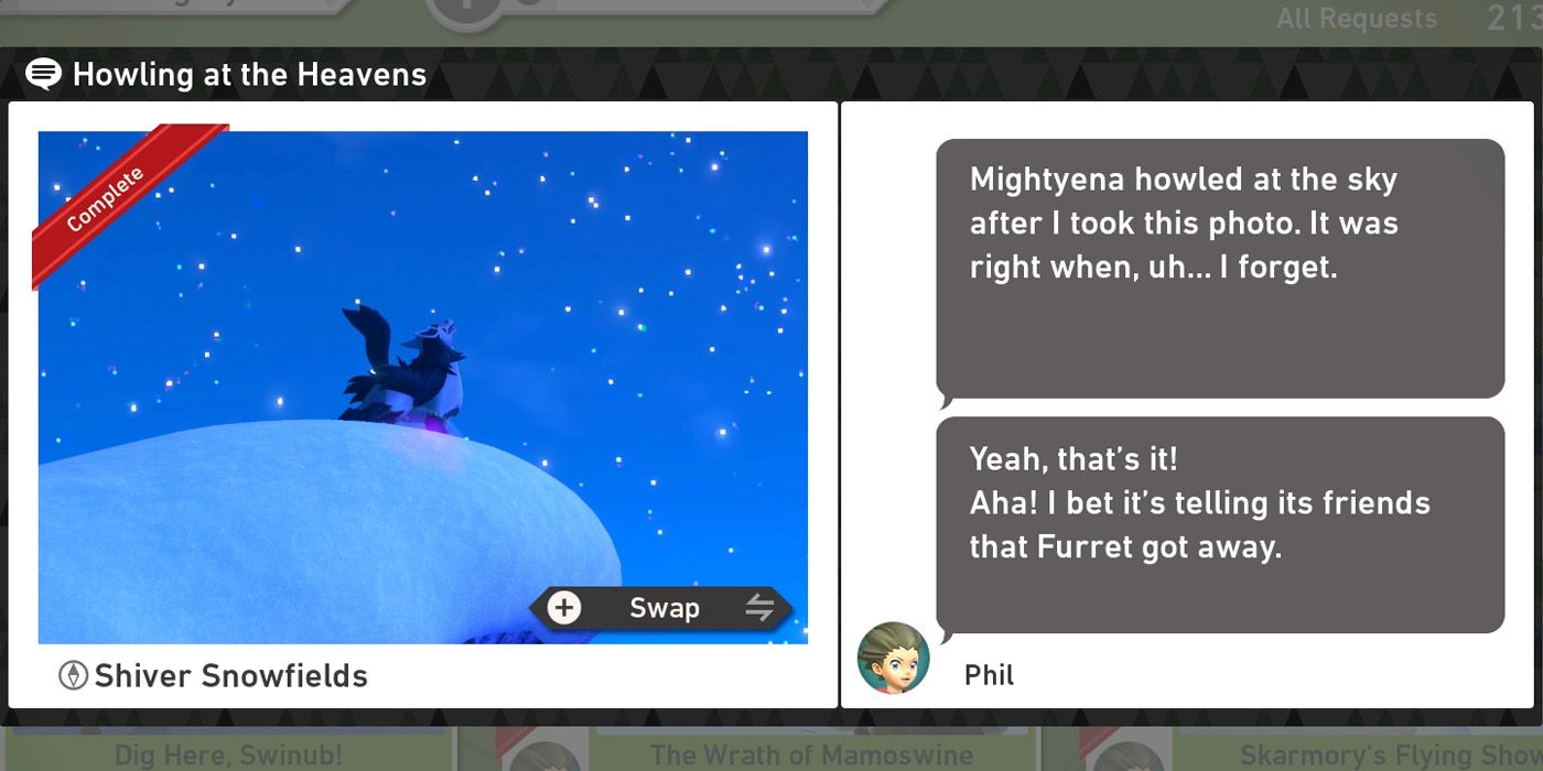 The Howling at the Heavens request in the Shiver Snowfields (Night) course in New Pokemon Snap
